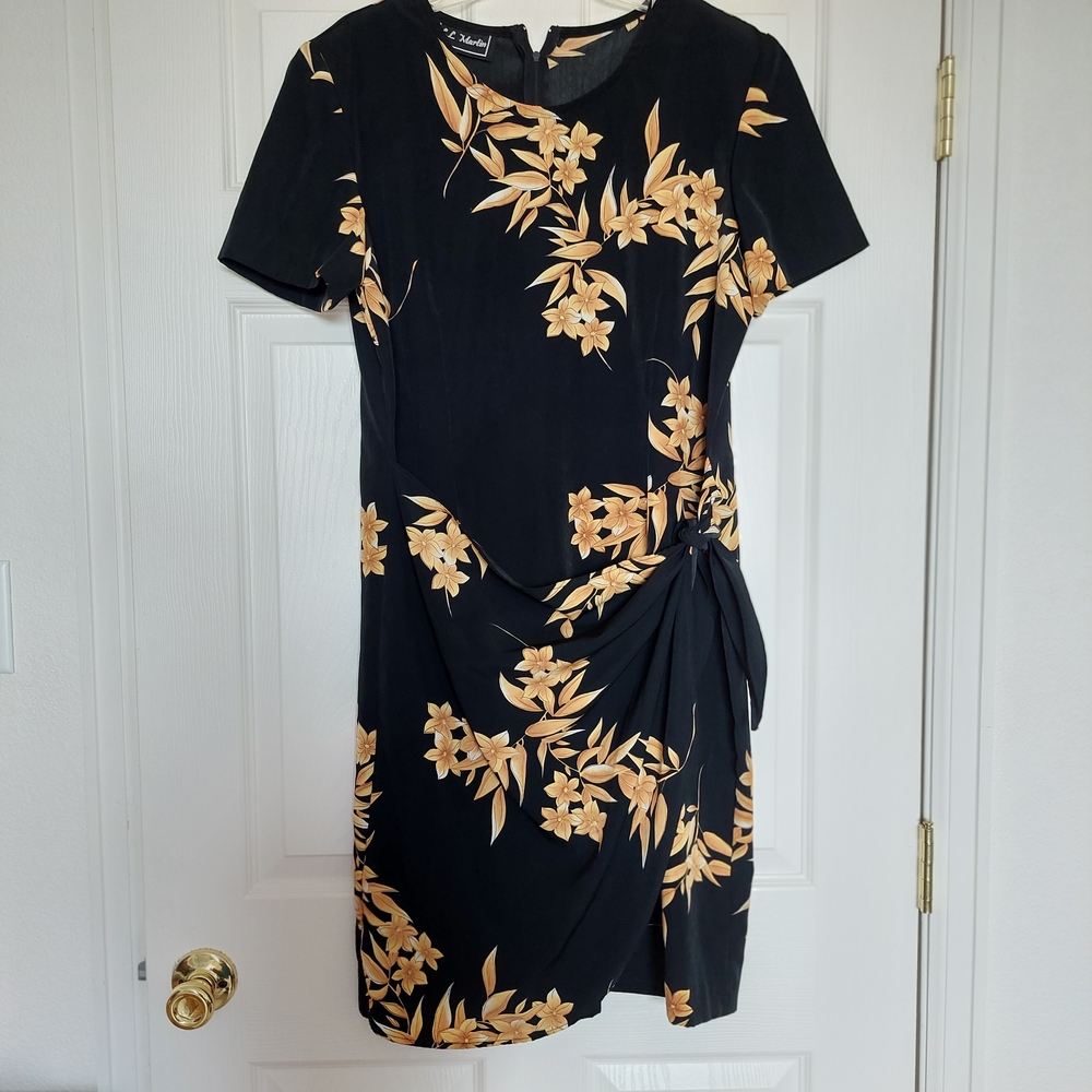 Vtg L.L. Marrin Faux Wrap Asymmetrical Black and Gold Floral Dress